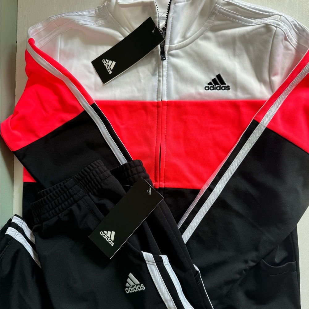 NWT Girls Adidas Zip-Up Jacket Black Pants Size 10/12 Black White Neon Orange